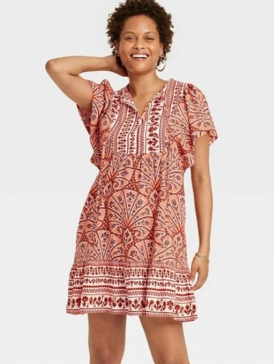 Knox Rose Dresses & Skirts - Knox Rose Dress Flutter Sleeve Boho Coral Paisley Cottage Core Pockets Size 2X